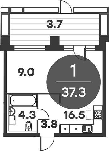 Планировка — Равновесие, 1-комн., 37 м²
