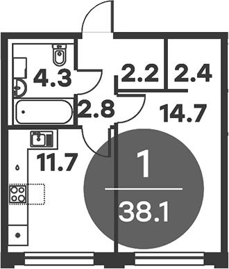Планировка — Равновесие, 1-комн., 38 м²