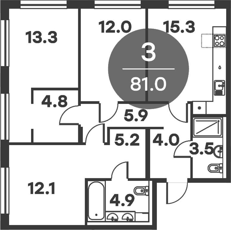 Планировка — Равновесие, 3-комн., 81 м²