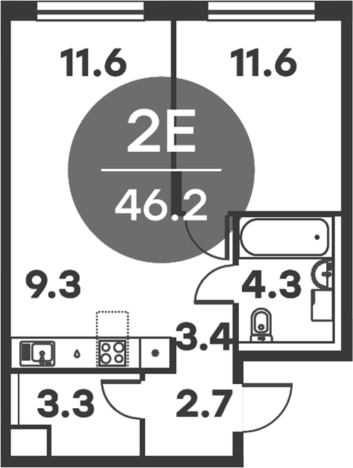 Планировка — Равновесие, 2-комн., 46 м²