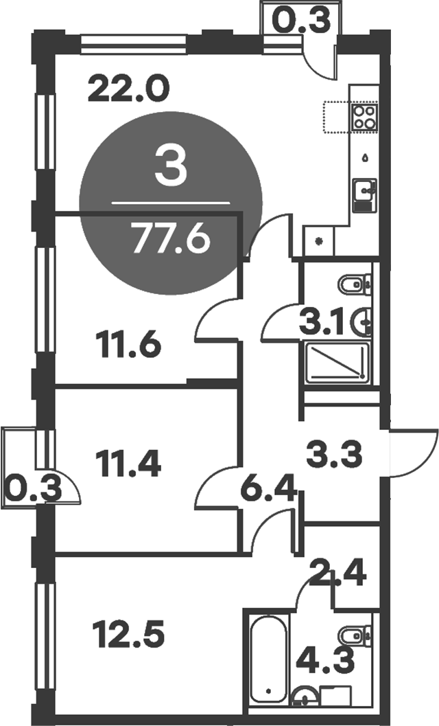 Планировка — Равновесие, 3-комн., 77 м²