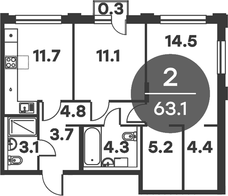 Планировка — Равновесие, 2-комн., 63 м²