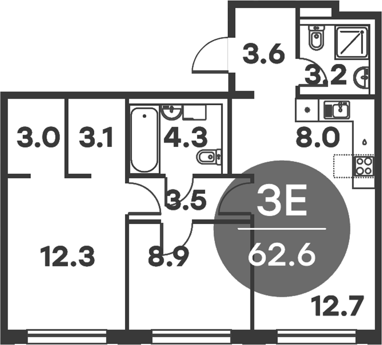 Планировка — Равновесие, 3-комн., 63 м²