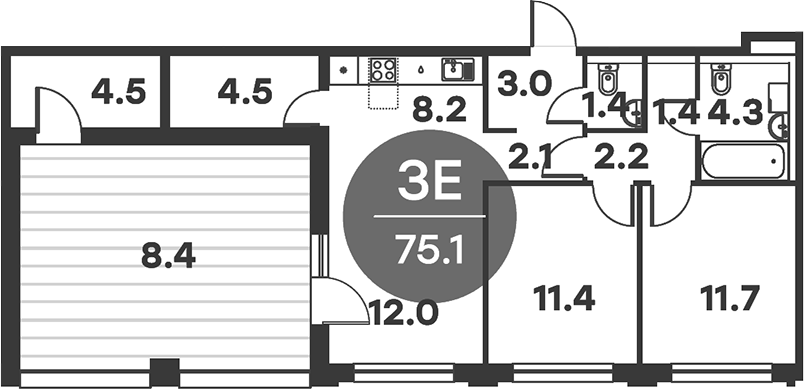 Планировка — Равновесие, 3-комн., 75 м²
