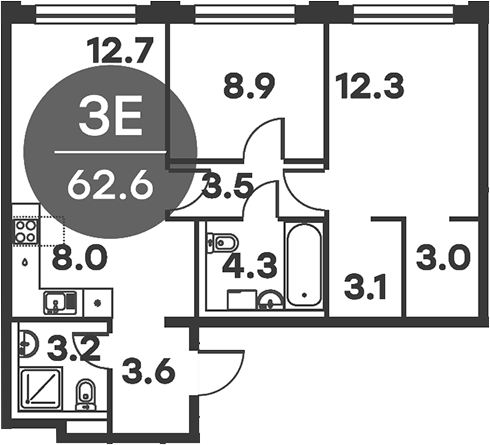 Планировка — Равновесие, 3-комн., 63 м²