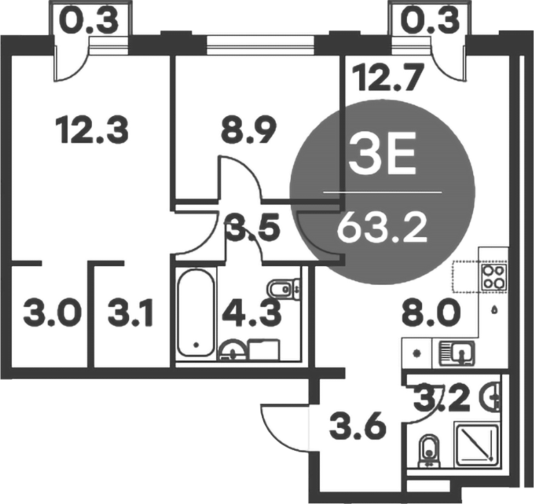 Планировка — Равновесие, 3-комн., 63 м²