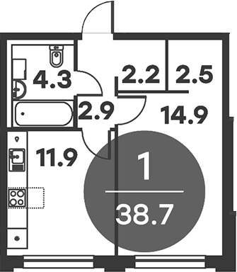 Планировка — Равновесие, 1-комн., 39 м²