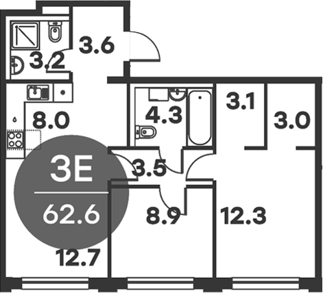 Планировка — Равновесие, 3-комн., 63 м²