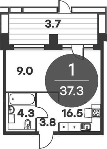 Планировка — Равновесие, 1-комн., 37 м²