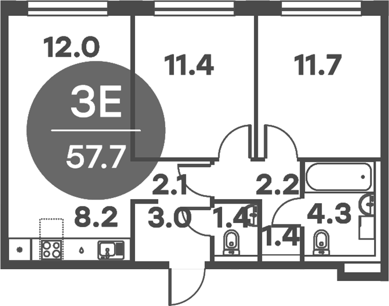 Планировка — Равновесие, 3-комн., 58 м²