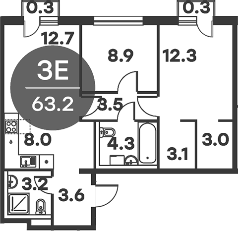 Планировка — Равновесие, 3-комн., 63 м²