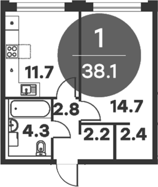 Планировка — Равновесие, 1-комн., 38 м²