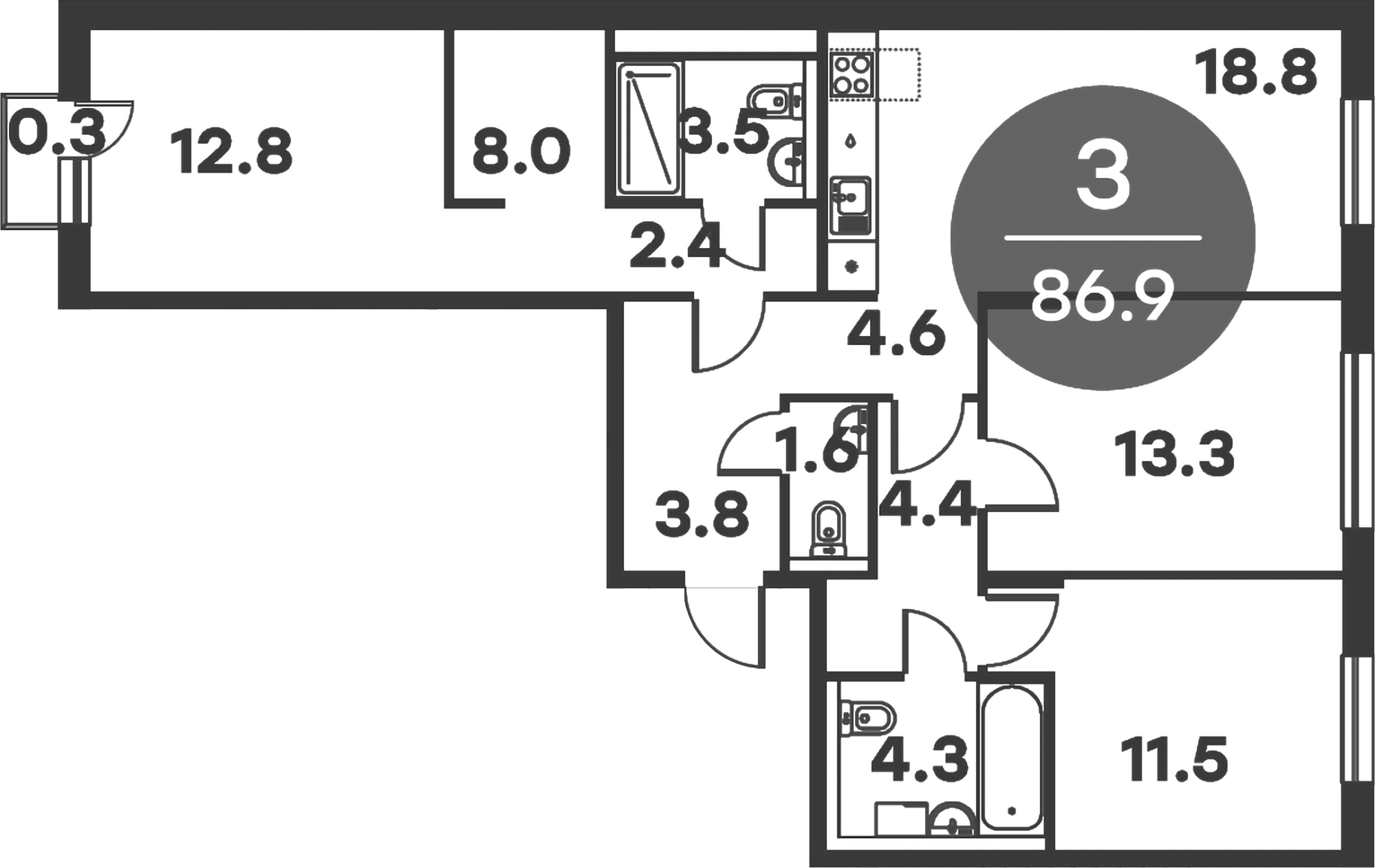 Планировка — Равновесие, 3-комн., 87 м²