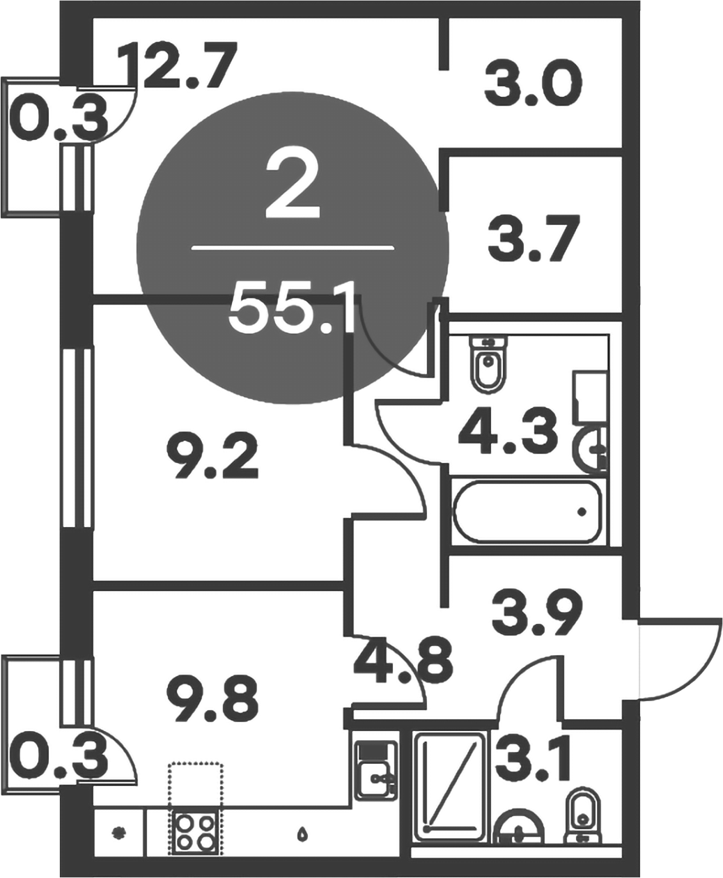 Планировка — Равновесие, 2-комн., 55 м²