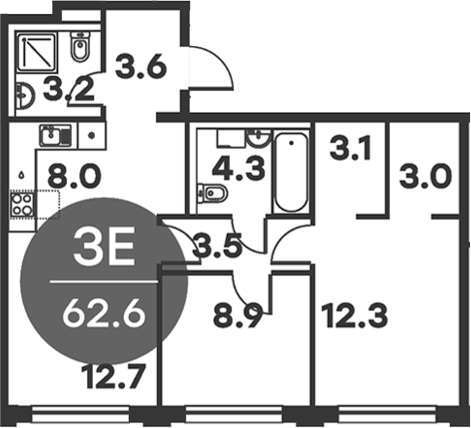 Планировка — Равновесие, 3-комн., 63 м²