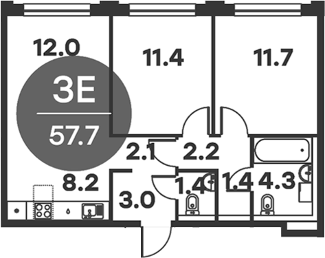 Планировка — Равновесие, 3-комн., 58 м²