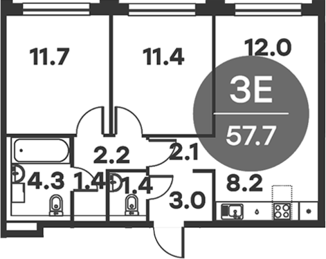 Планировка — Равновесие, 3-комн., 58 м²