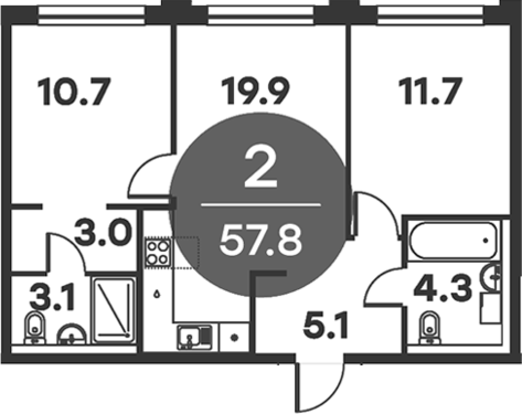 Планировка — Равновесие, 2-комн., 58 м²