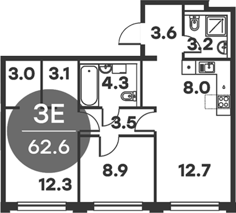 Планировка — Равновесие, 3-комн., 63 м²