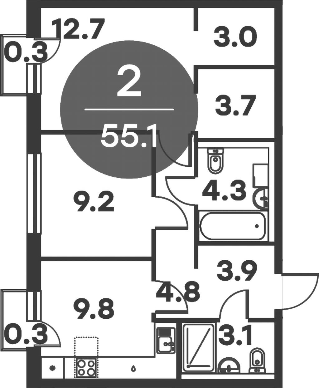 Планировка — Равновесие, 2-комн., 55 м²