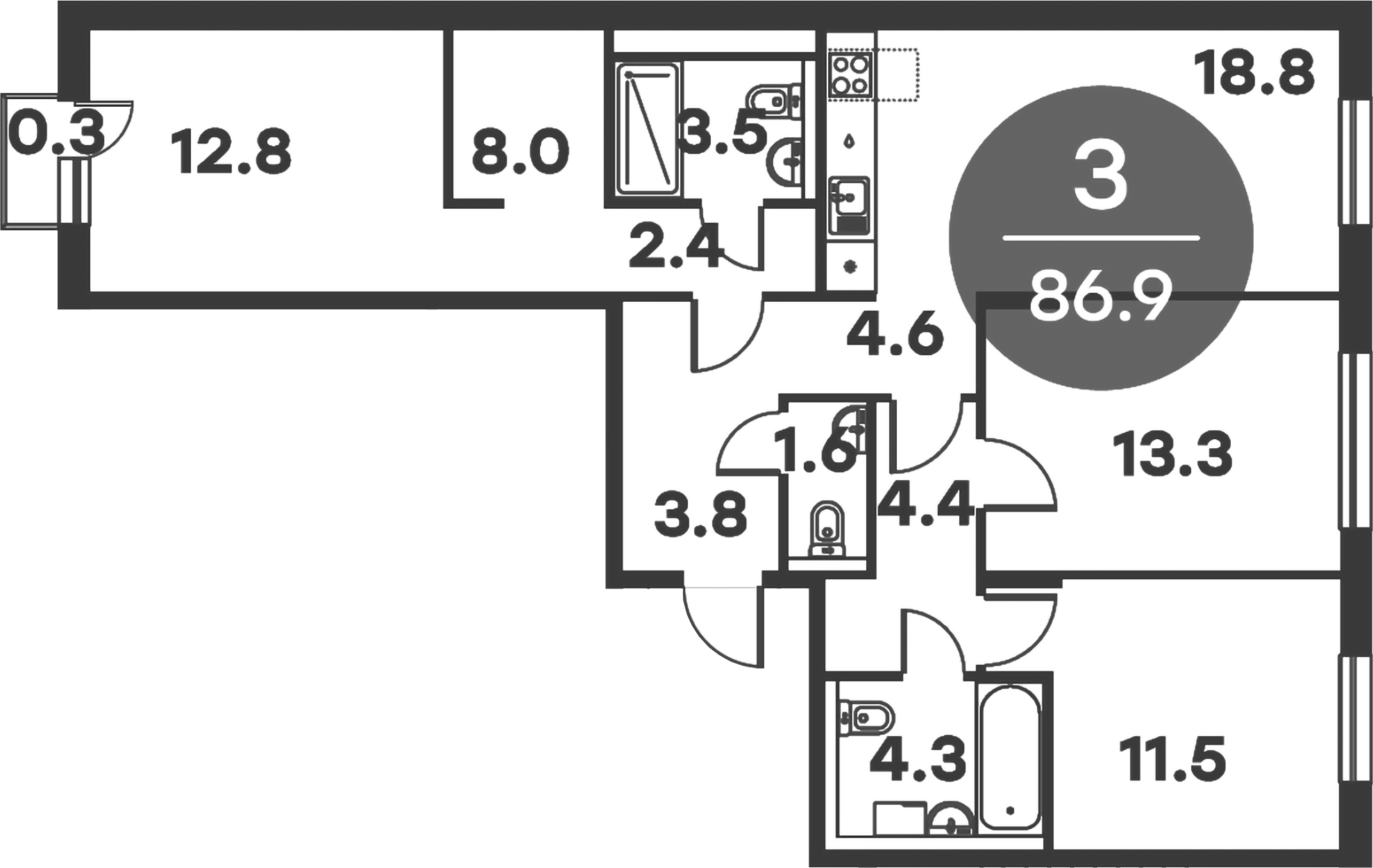 Планировка — Равновесие, 3-комн., 87 м²