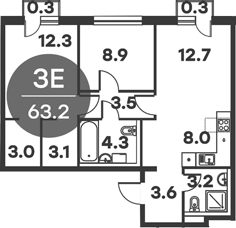 Планировка — Равновесие, 3-комн., 63 м²
