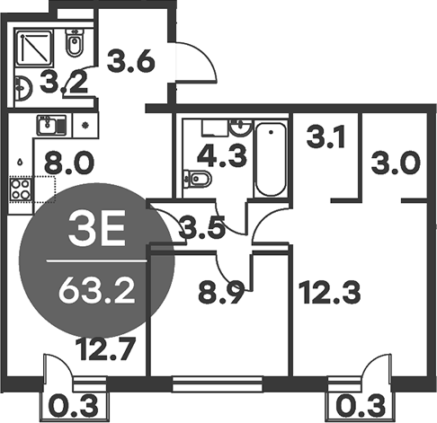 Планировка — Равновесие, 3-комн., 63 м²
