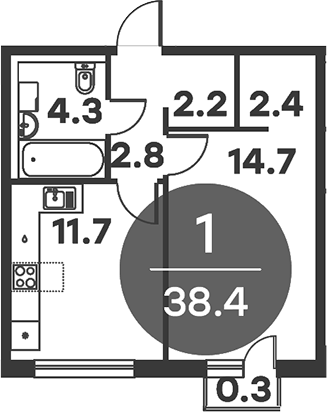 Планировка — Равновесие, 1-комн., 38 м²