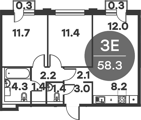 Планировка — Равновесие, 3-комн., 58 м²