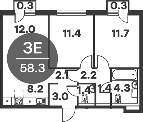 Планировка — Равновесие, 3-комн., 58 м²