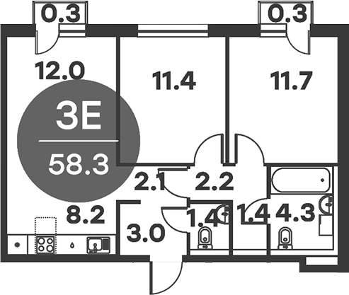 Планировка — Равновесие, 3-комн., 58 м²