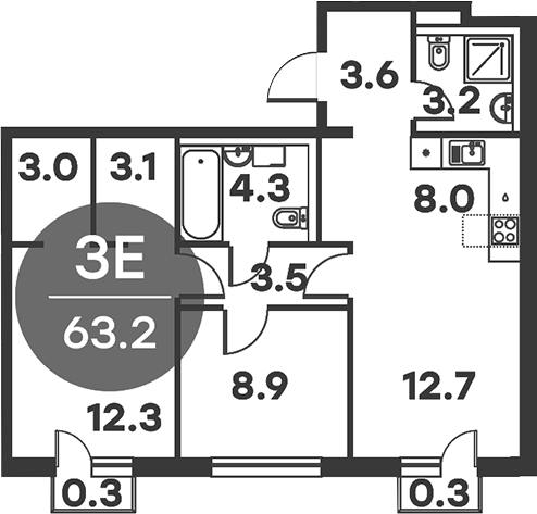 Планировка — Равновесие, 3-комн., 63 м²