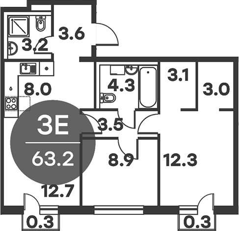 Планировка — Равновесие, 3-комн., 63 м²