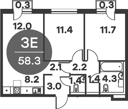 Планировка — Равновесие, 3-комн., 58 м²