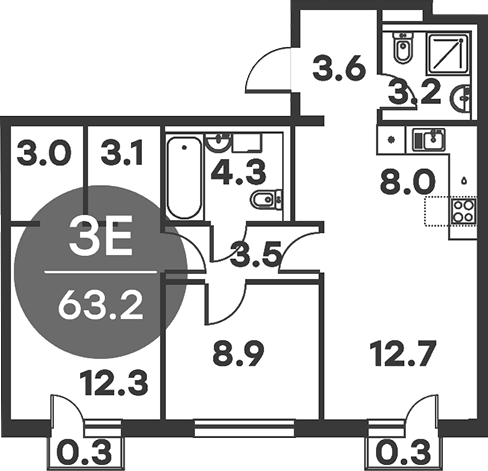 Планировка — Равновесие, 3-комн., 63 м²
