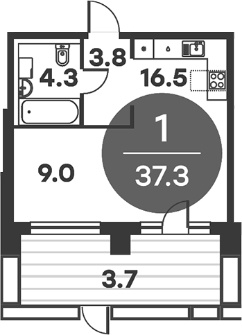 Планировка — Равновесие, 1-комн., 37 м²
