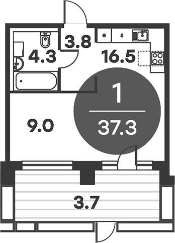 Планировка — Равновесие, 1-комн., 37 м²