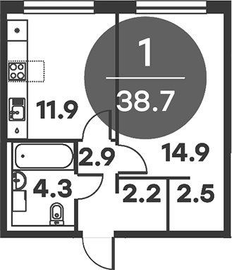 Планировка — Равновесие, 1-комн., 39 м²
