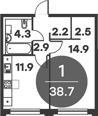 Планировка — Равновесие, 1-комн., 39 м²