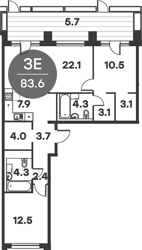 Планировка — Равновесие, 3-комн., 84 м²