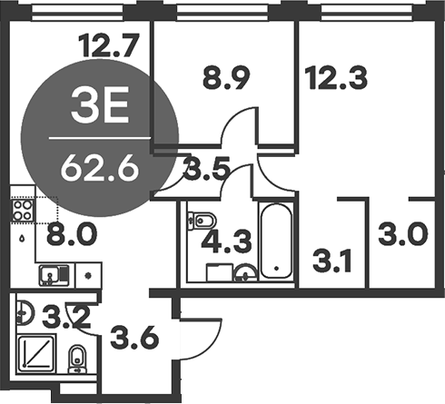 Планировка — Равновесие, 3-комн., 63 м²