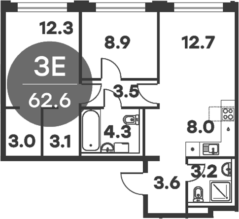Планировка — Равновесие, 3-комн., 63 м²