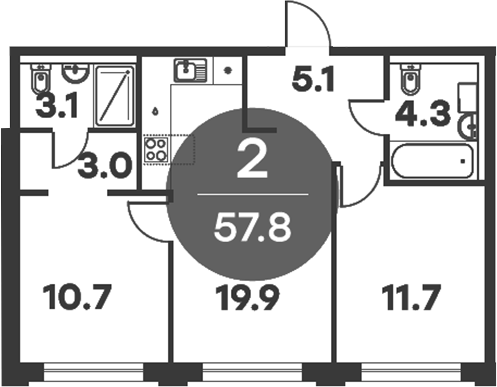 Планировка — Равновесие, 2-комн., 58 м²