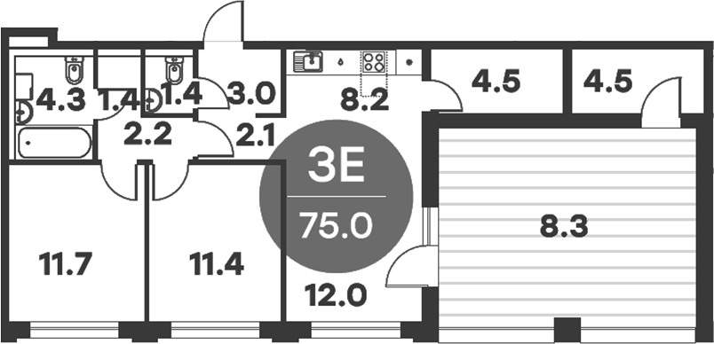 Планировка — Равновесие, 3-комн., 75 м²