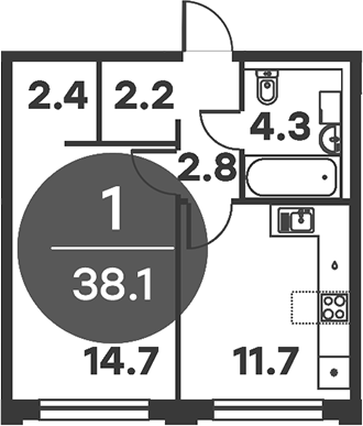 Планировка — Равновесие, 1-комн., 38 м²