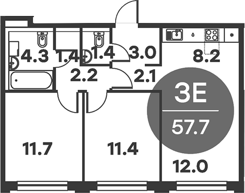 Планировка — Равновесие, 3-комн., 58 м²