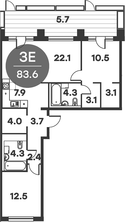 Планировка — Равновесие, 3-комн., 84 м²