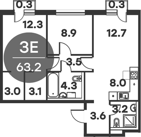 Планировка — Равновесие, 3-комн., 63 м²