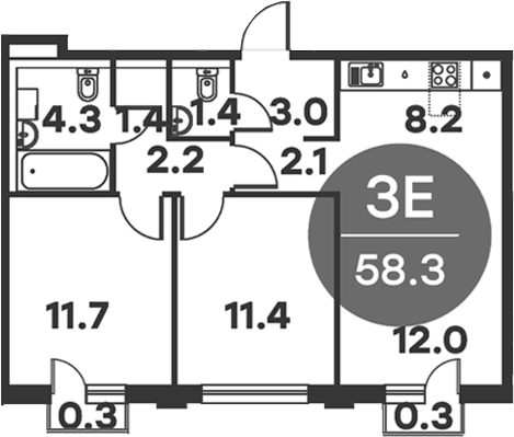 Планировка — Равновесие, 3-комн., 58 м²