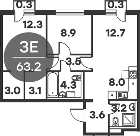Планировка — Равновесие, 3-комн., 63 м²